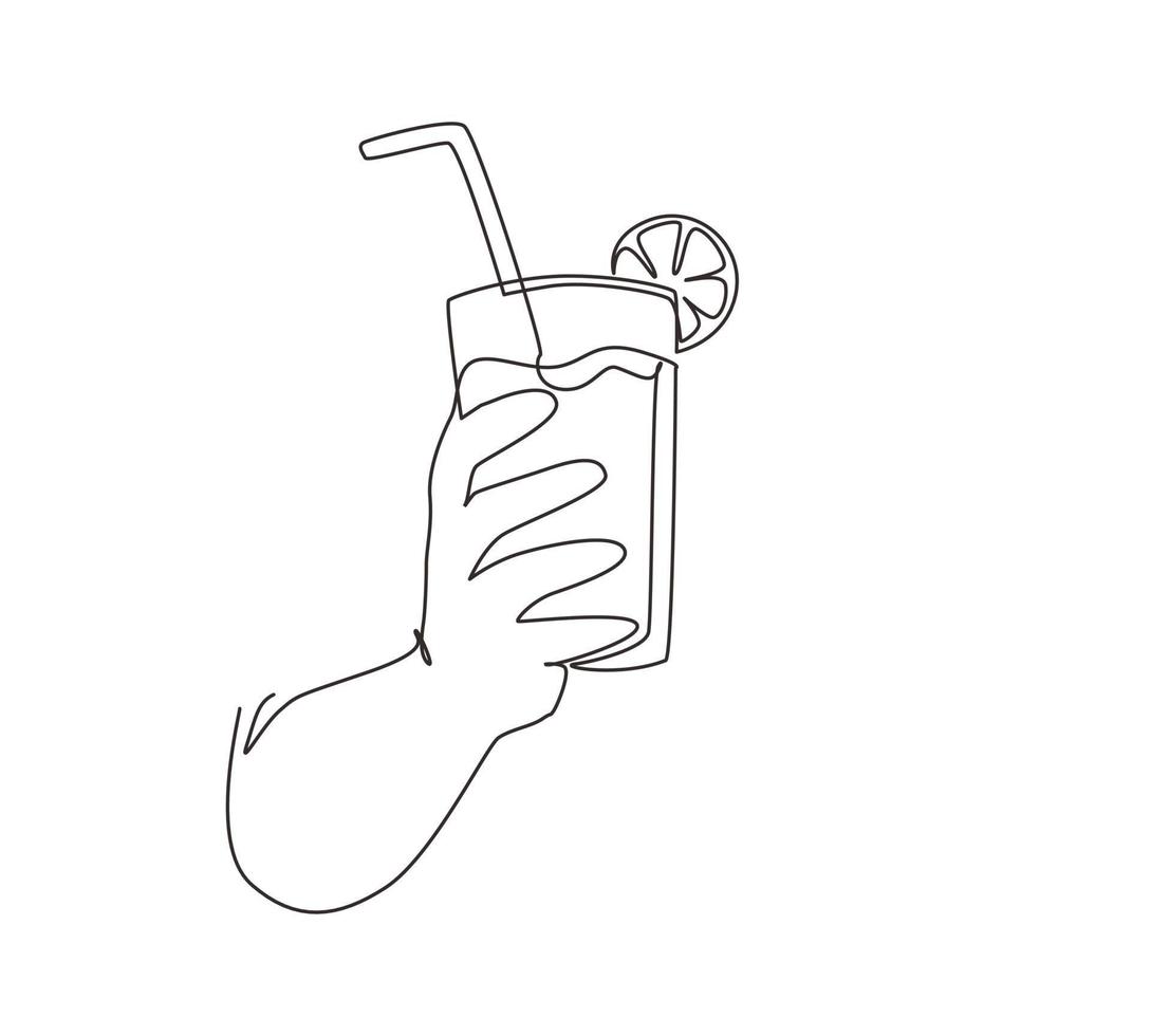 Single continuous line drawing hand holding glass with lemonade fruit juice. Drink made of fresh lemon juice. Juicy water with straw. Relaxing time. One line draw graphic design vector illustration