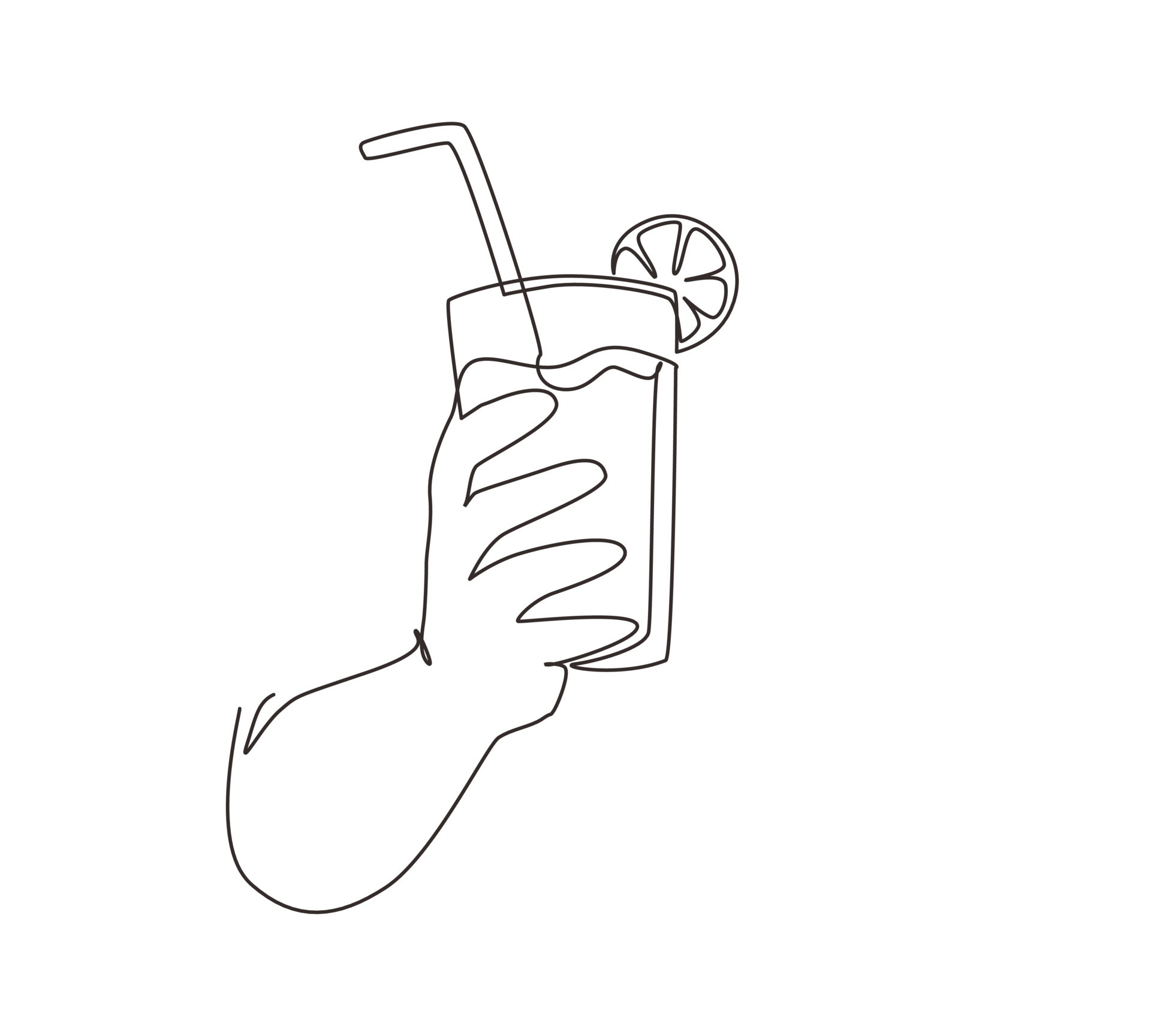 Single continuous line drawing hand holding glass with lemonade fruit