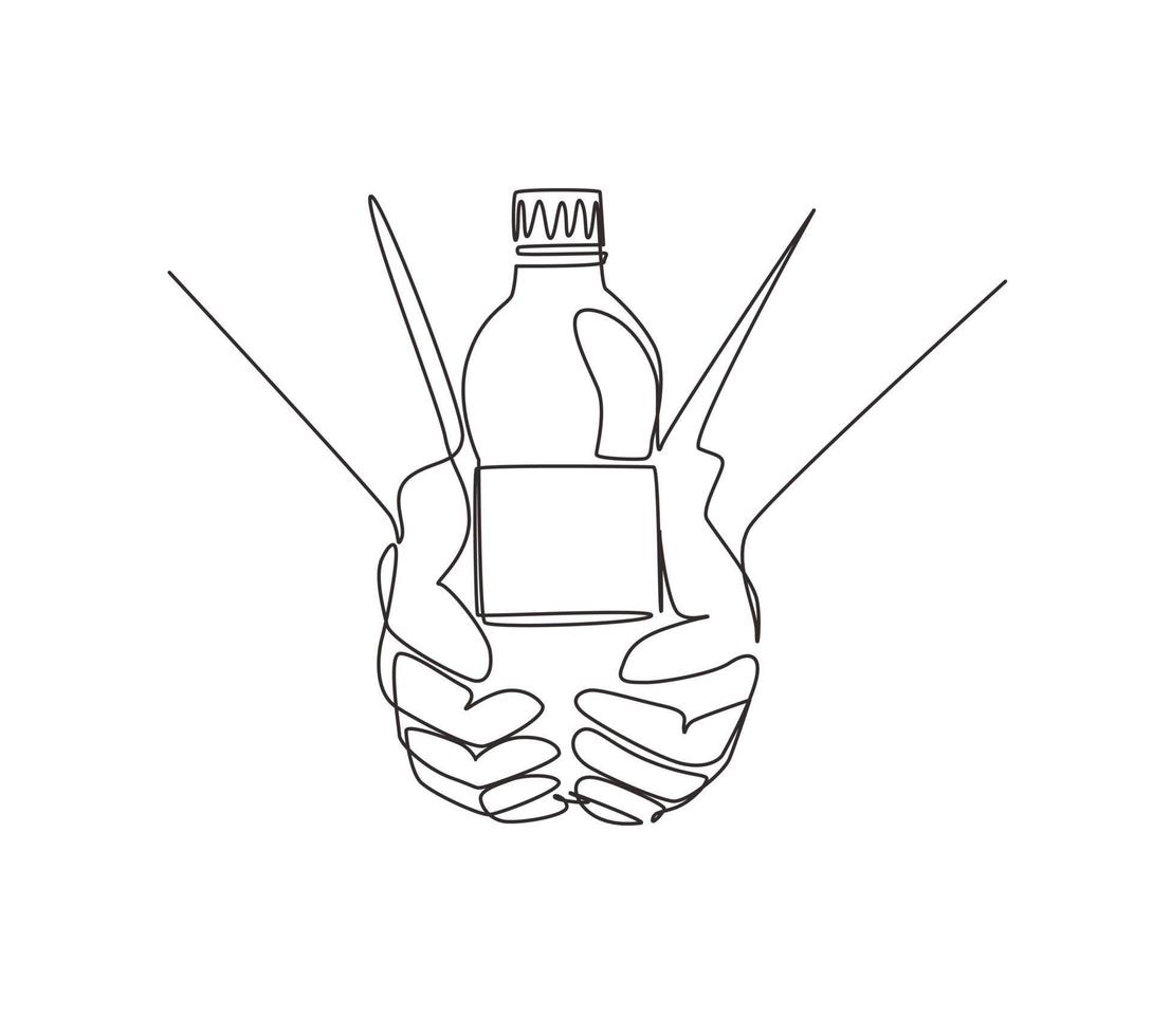 una sola línea continua dibujando manos sosteniendo una botella de plástico de agua potable pura refrescante y salpicada en un fondo caliente con un concepto hambriento y sediento para una buena salud. vector de diseño de dibujo de una línea