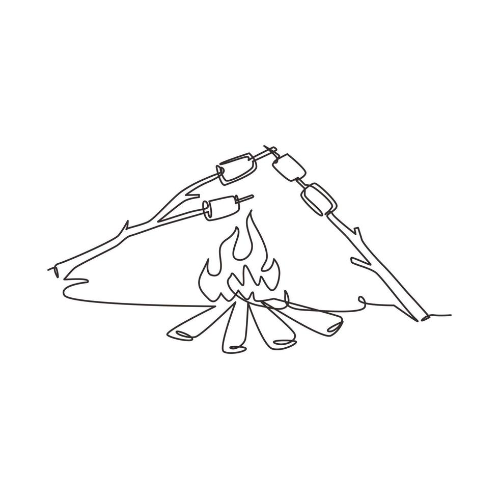 Single continuous line drawing roasting marshmallow on bonfire at night. Campfire and stick branches with roasted marshmallows. Fun summer camping activity. One line draw design vector illustration