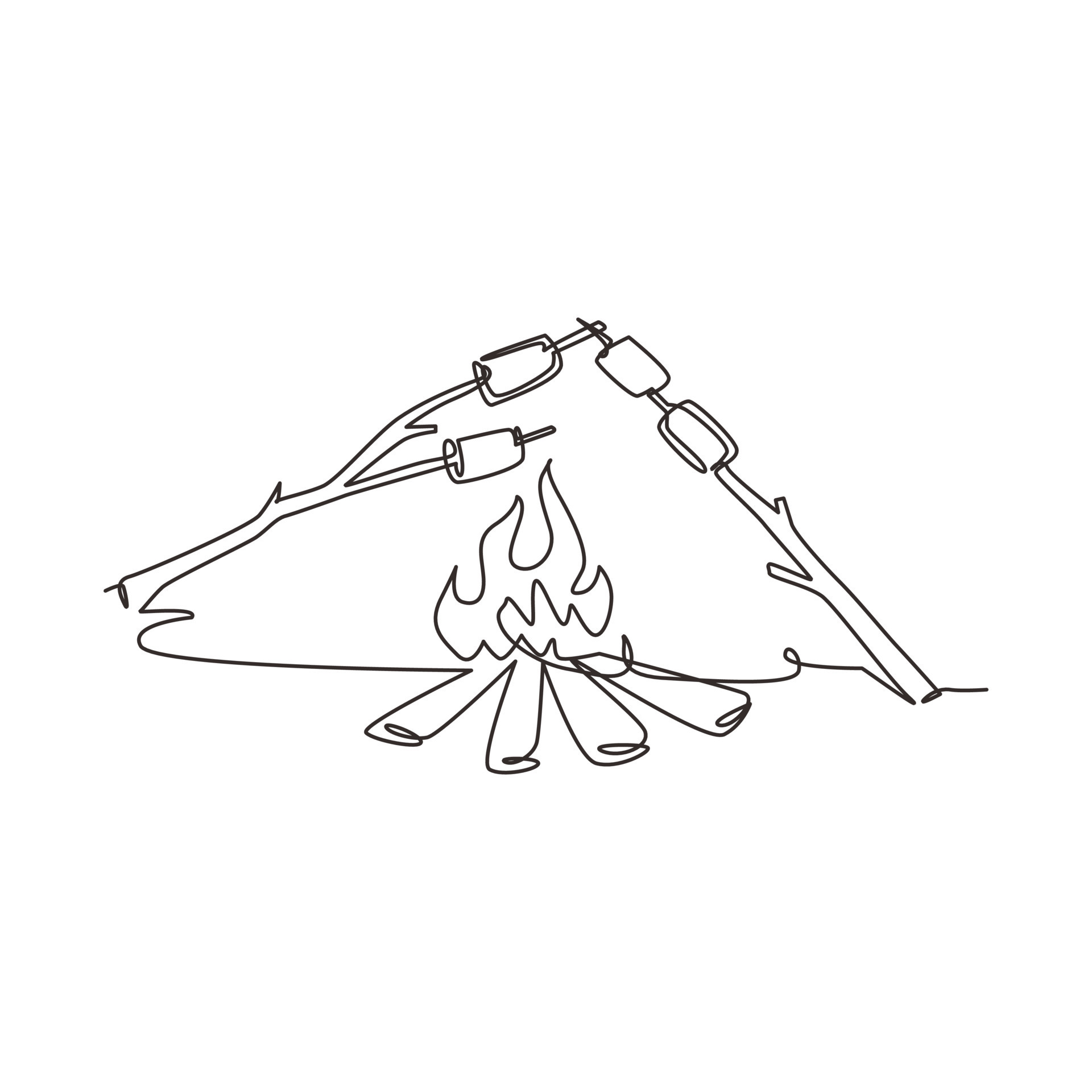 Single continuous line drawing roasting marshmallow on bonfire at night