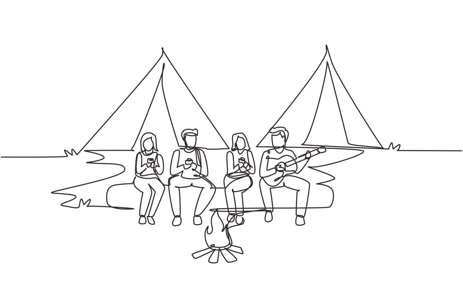 Single one line drawing two couple hikers sitting on log of wood near campfire in forest. People drinking hot tea and man playing guitar. Camping gear and backpack. Continuous line draw design vector