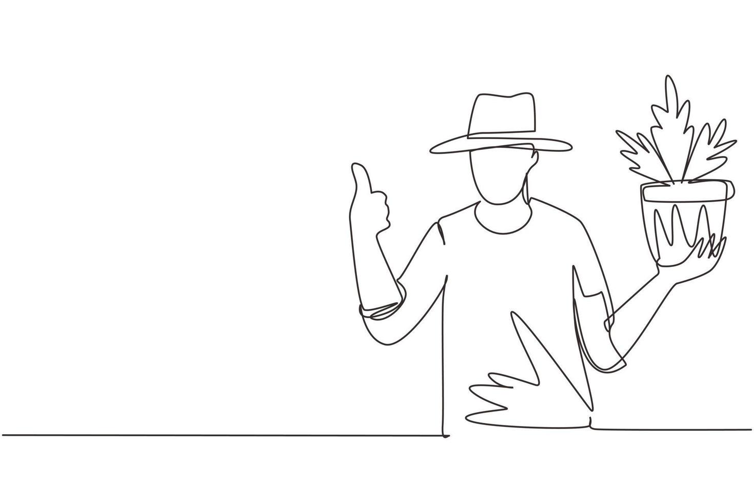 Single one line drawing gardener grows flowerpot. Season for planting. Work in garden. Man in work gloves with thumbs gesture. Farmers doing job, agricultural hobby. Continuous line draw design vector