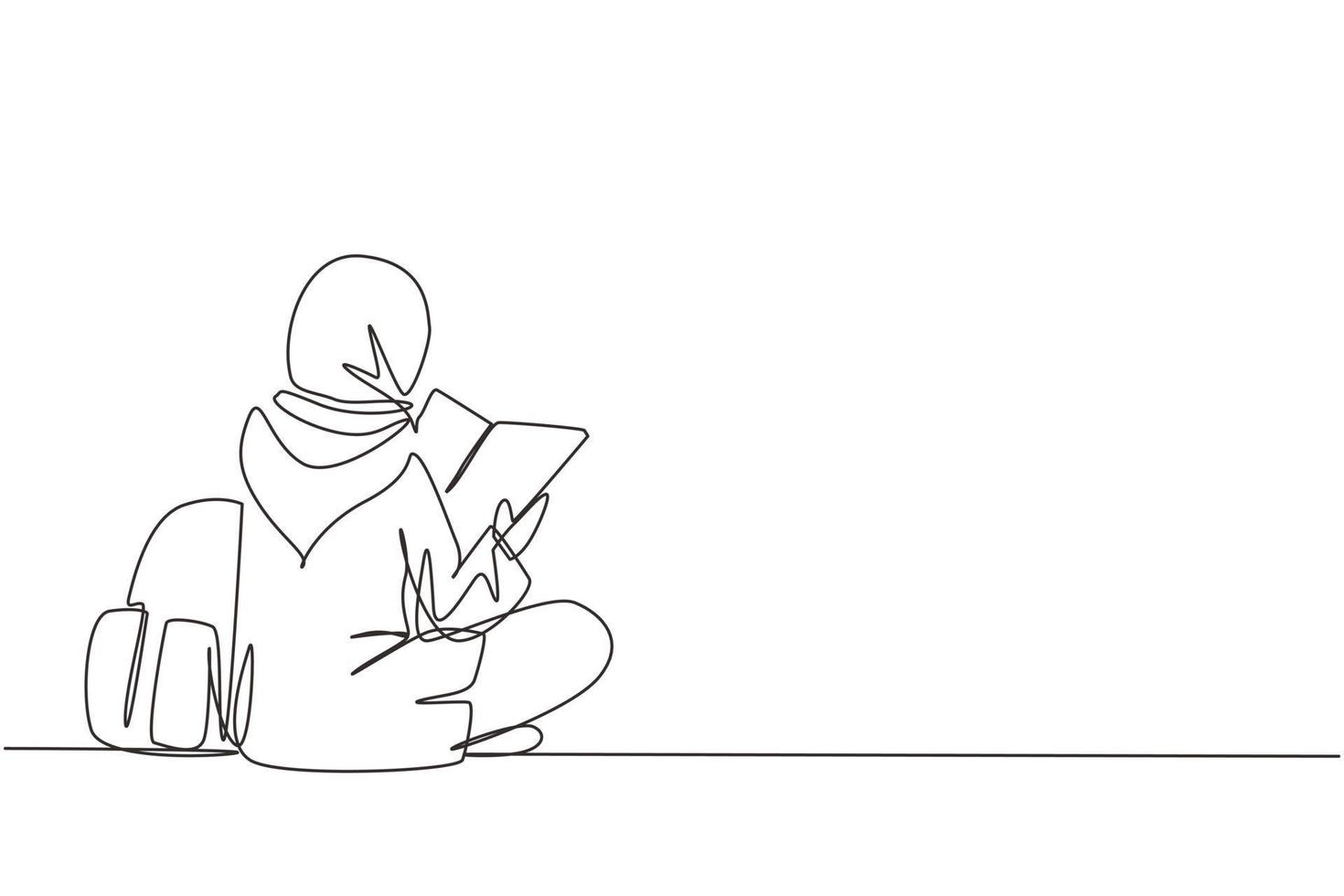 Single continuous line drawing back view young Arabian woman sitting on floor reading book. College student prepare to exam, back to school gaining knowledge. One line draw design vector illustration