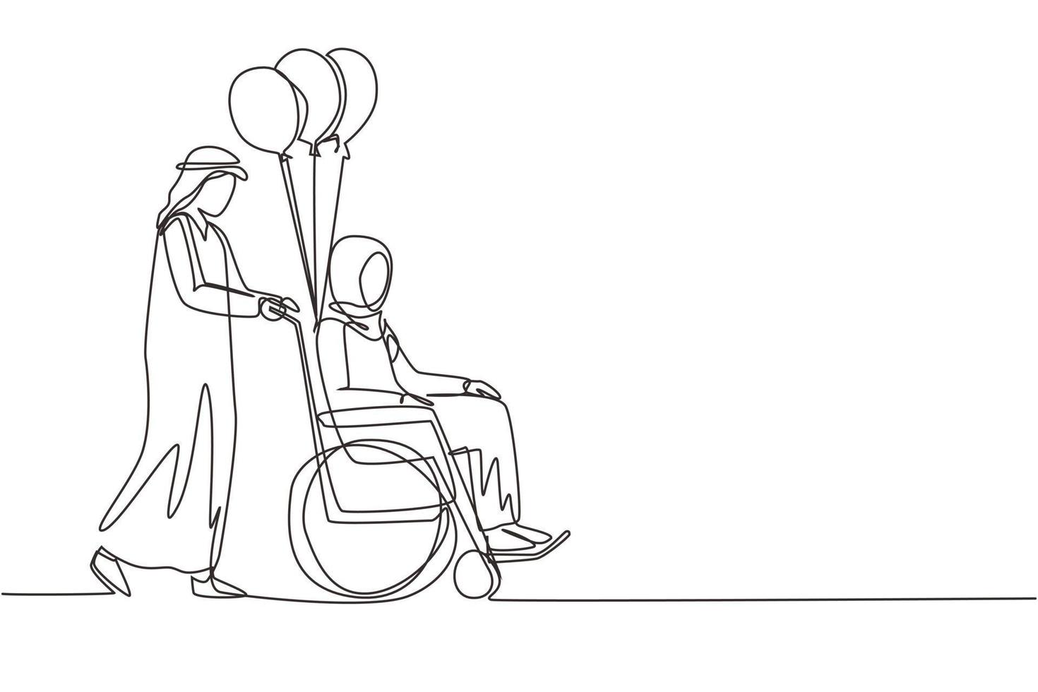 Single one line drawing disability people. Arabian man carries disabled woman in wheelchair. Accessibility, rehabilitation invalid person activities. Continuous line draw design vector illustration