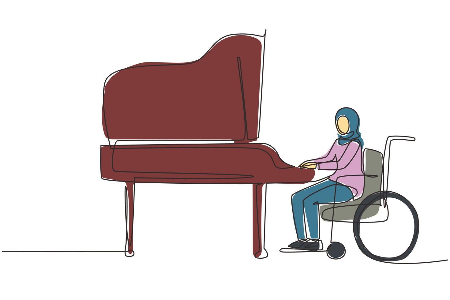 dibujo continuo de una línea discapacitada joven árabe en silla de ruedas tocando piano en concierto. discapacidad y música clásica. Físicamente desarmado. ilustración gráfica de vector de diseño de dibujo de una sola línea