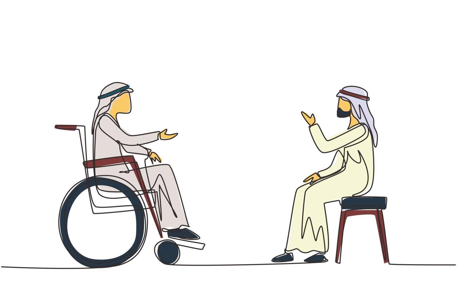 Single continuous line drawing two Arabian people sitting chatting, one using chair, one using wheelchair. Friendly man are talking to each other, human disabled society. One line draw design vector