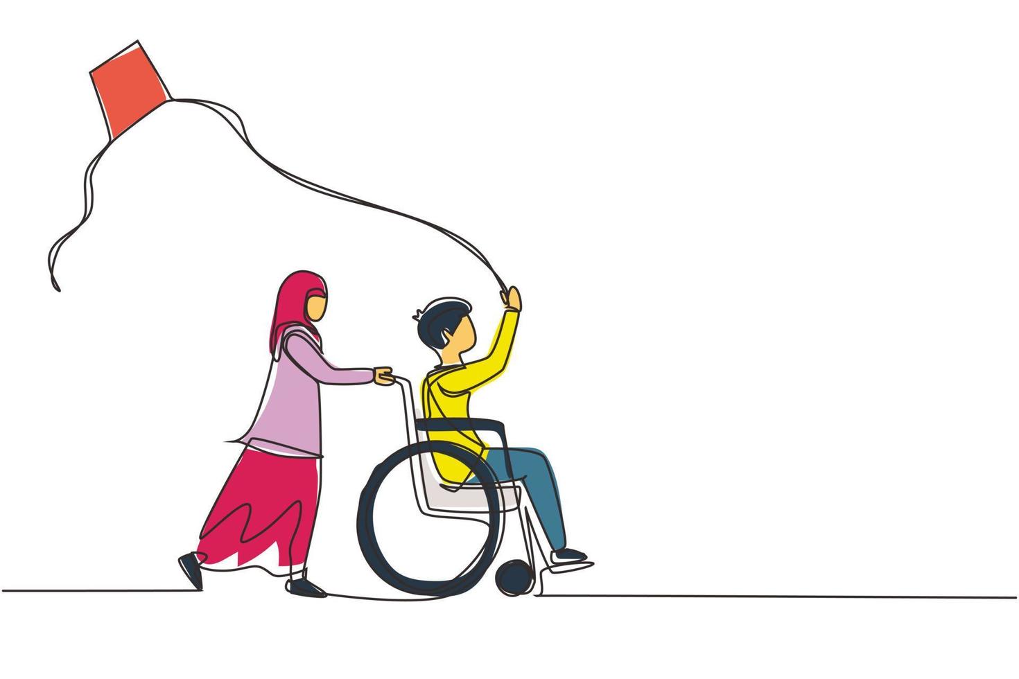 Single one line drawing happy child disabled concept. Hand drawn little Arab girl pushing boy in wheel chair with flying kite. Disabled has fun outside. Continuous line draw design vector illustration