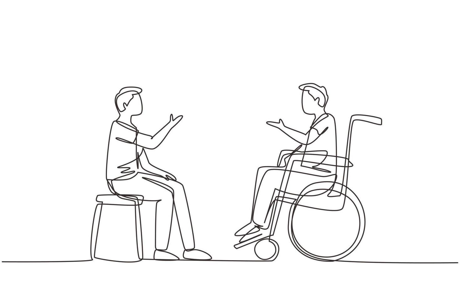 Single continuous line drawing two people sitting chatting, one using chair, one using wheelchair. Friendly man are talking to each other, human disabled society. One line design vector illustration