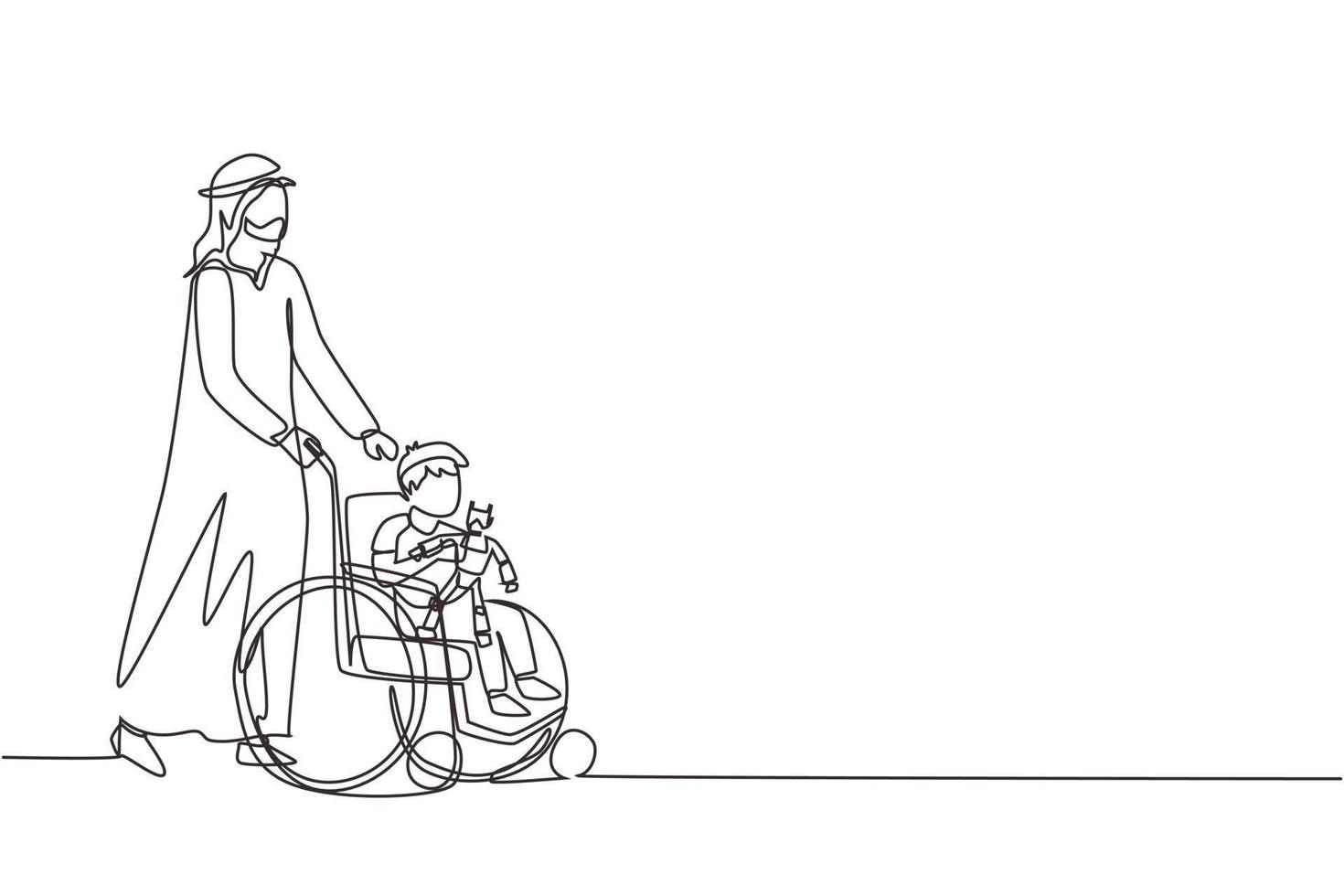 Single continuous line drawing rehabilitation for children. Arabian father takes care of boy. Happy daddy helps children with disabilities in wheelchair holding robot toy. One line draw design vector