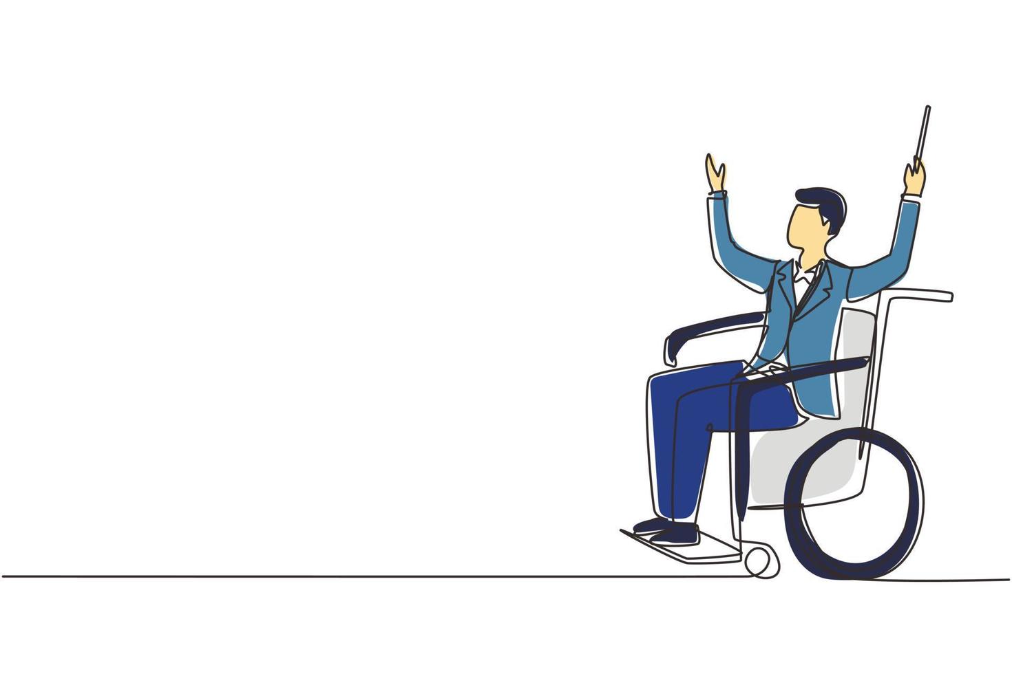 Single one line drawing handsome man conductor sitting in wheelchair leading orchestra. Disability and classical music. Physically disabled. Continuous line draw design graphic vector illustration