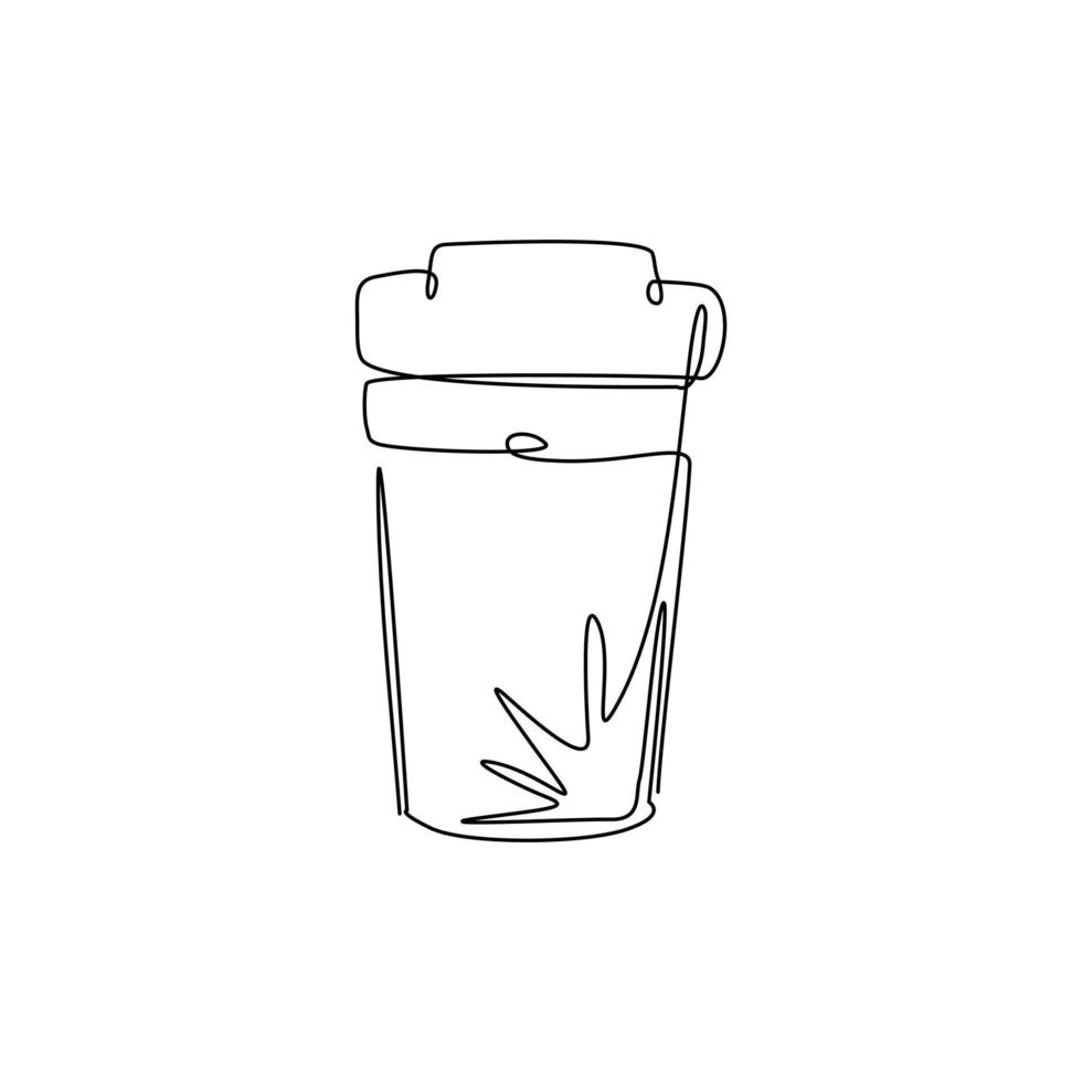 plantilla de taza de papel de café de dibujo de línea continua única con soporte de cartón y tapa de plástico. paquete de café desechable para llevar. Paquete de manualidades para llevar. ilustración de vector de diseño gráfico de dibujo de una línea