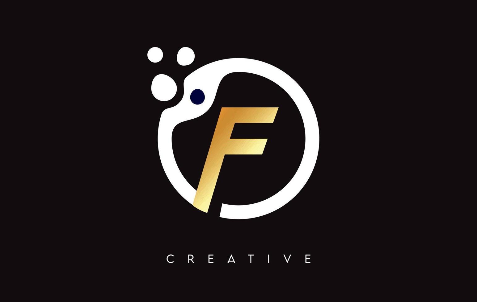 Golden Letter F Logo with Dots and Bubbles inside a Circular Shape in Gold Colors Vector