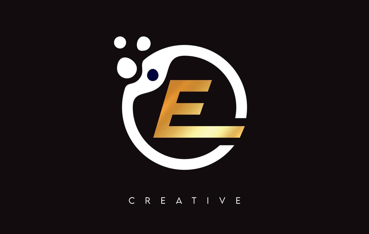 Golden Letter E Logo with Dots and Bubbles inside a Circular Shape in Gold Colors Vector