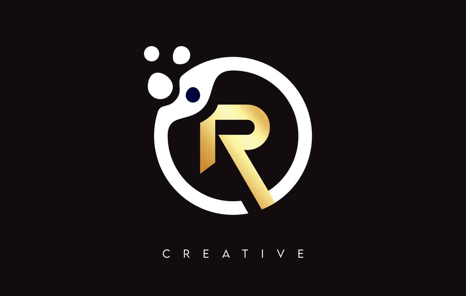 Golden Letter R Logo with Dots and Bubbles inside a Circular Shape in Gold Colors Vector