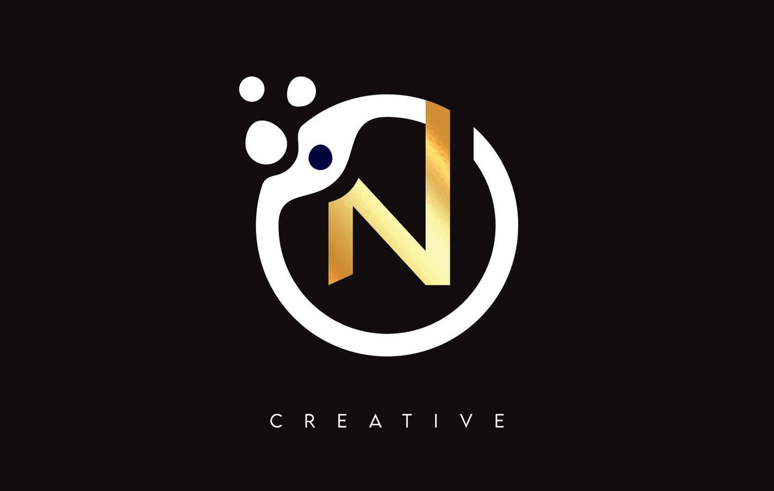 Golden Letter N Logo with Dots and Bubbles inside a Circular Shape in Gold Colors Vector