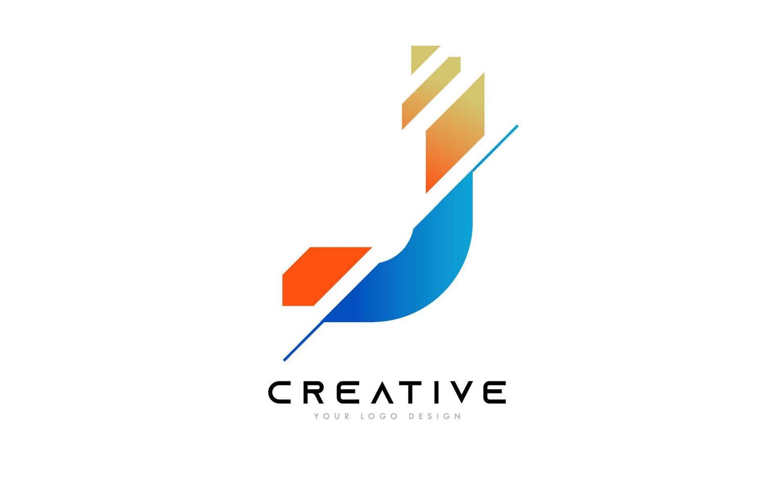 diseño del icono del logotipo de la letra j en rodajas con colores azul y naranja y rodajas cortadas vector