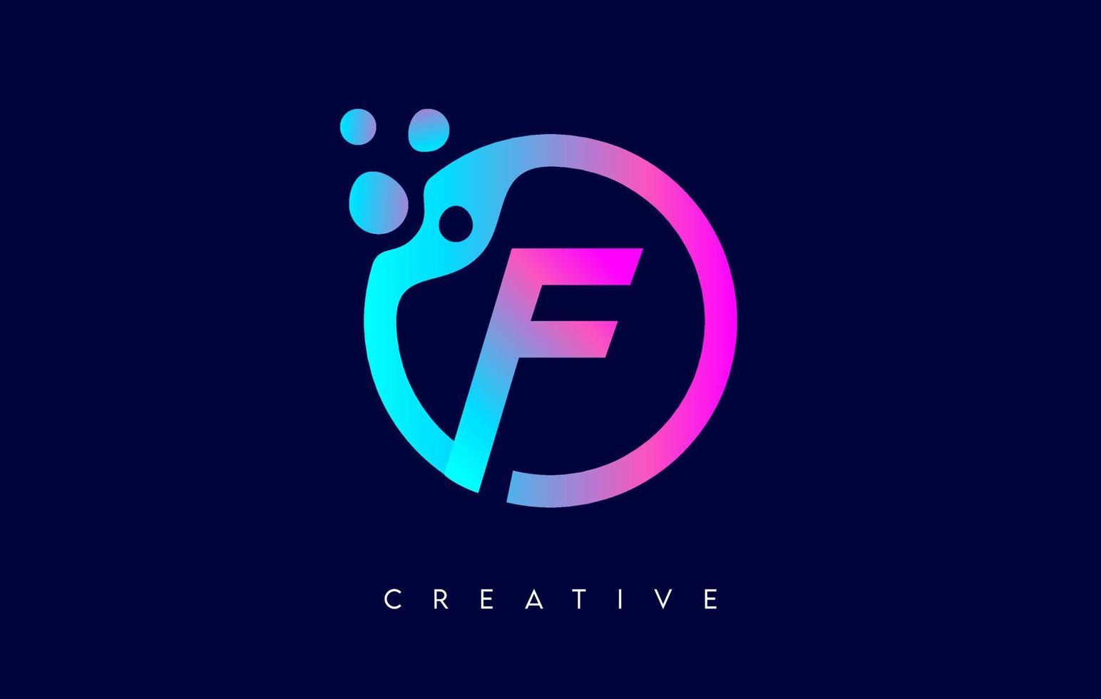 Letter F Logo with Dots and Bubbles inside a Circular Shape in Purple Neon Colors Vector