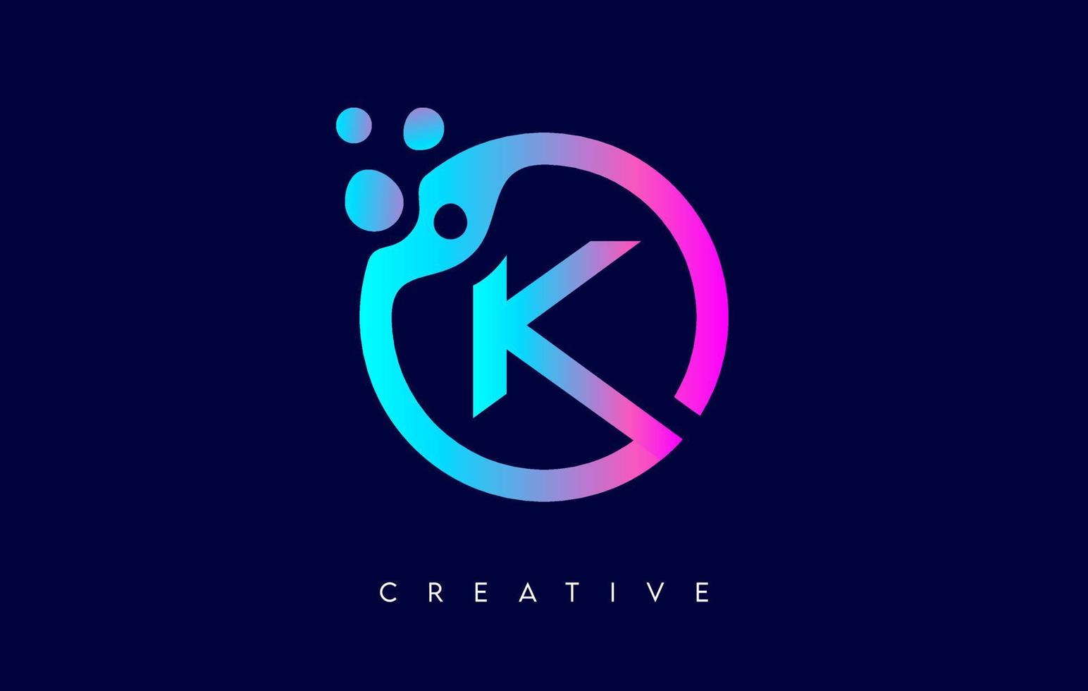 logotipo de la letra k con puntos y burbujas dentro de una forma circular en vector de colores de neón púrpura