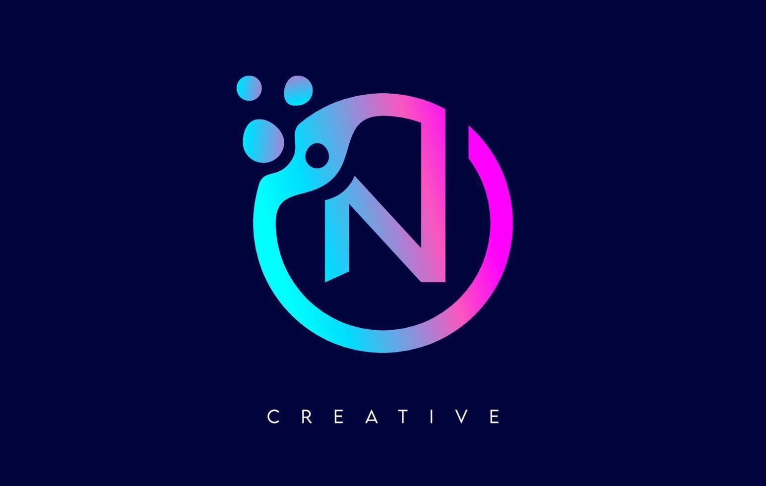 Letter N Logo with Dots and Bubbles inside a Circular Shape in Purple Neon Colors Vector