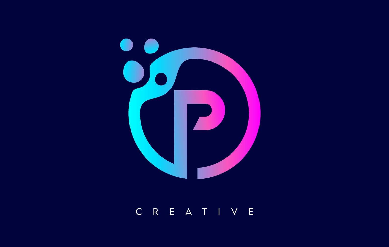 logotipo de letra p con puntos y burbujas dentro de una forma circular en vector de colores de neón púrpura