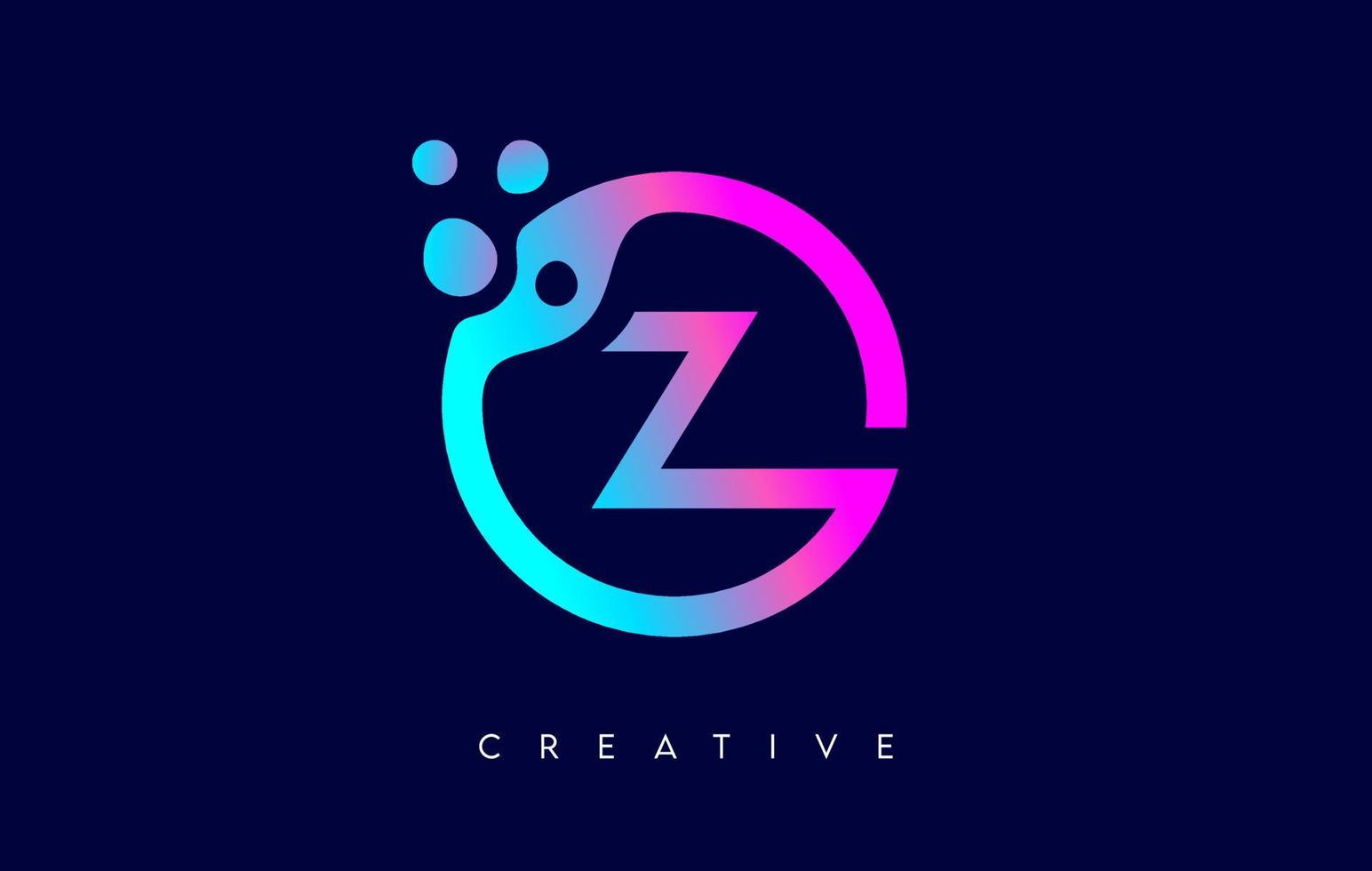 Letter Z Logo with Dots and Bubbles inside a Circular Shape in Purple Neon Colors Vector