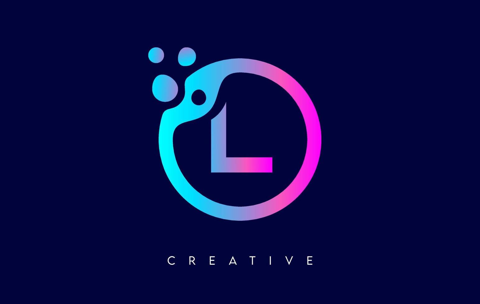 Letter L Logo with Dots and Bubbles inside a Circular Shape in Purple Neon Colors Vector