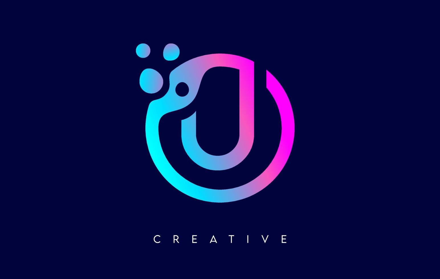 Letter U Logo with Dots and Bubbles inside a Circular Shape in Purple Neon Colors Vector