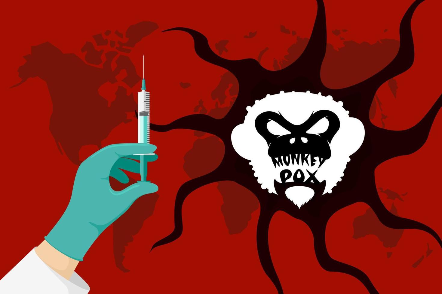 Monkeypox virus world alert attack and vaccination concept. Monkey pox infection disease outbreak caution sign on Earth planet. Vaccine syringe in doctor hand. MPV MPVX dangerous pandemic symbol. Eps vector