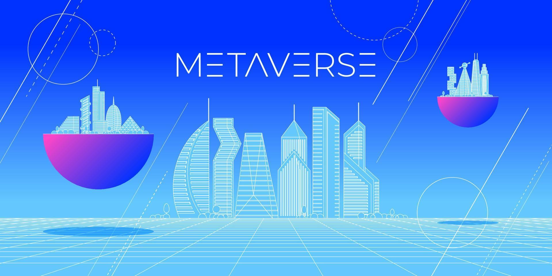 Future digital technology metaverse concept abstract cityscape on skyline. Virtual reality universe futuristic 3d landscape with graphical wireframe cyberpunk city. Meta cyber space metropolis. Vector