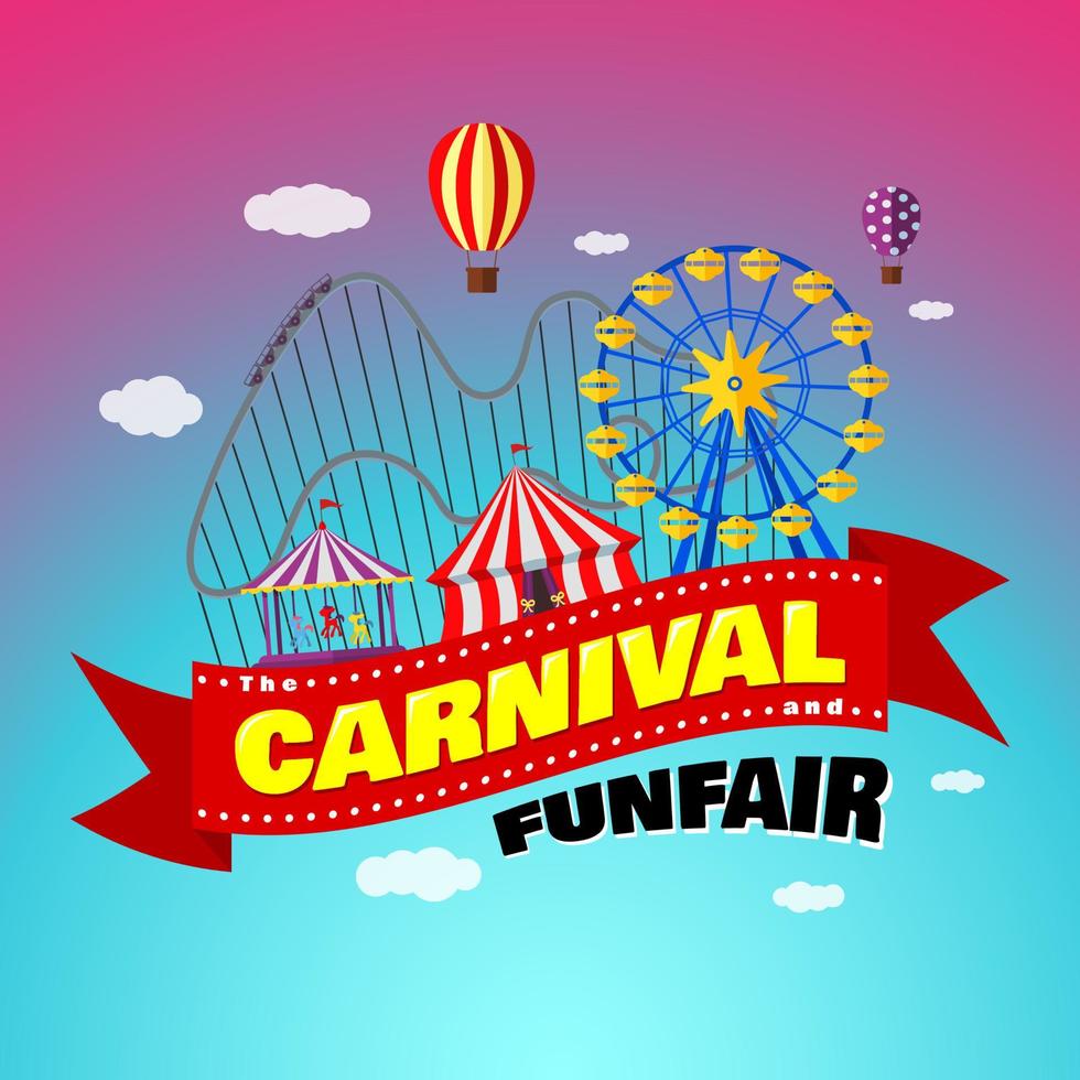 plantilla de diseño de banner de feria de carnaval. parque de atracciones con circo, carruseles, montaña rusa, atracciones en cinta festiva con inscripción. cartel del festival de la feria de diversión. ilustración de pasos vectoriales vector