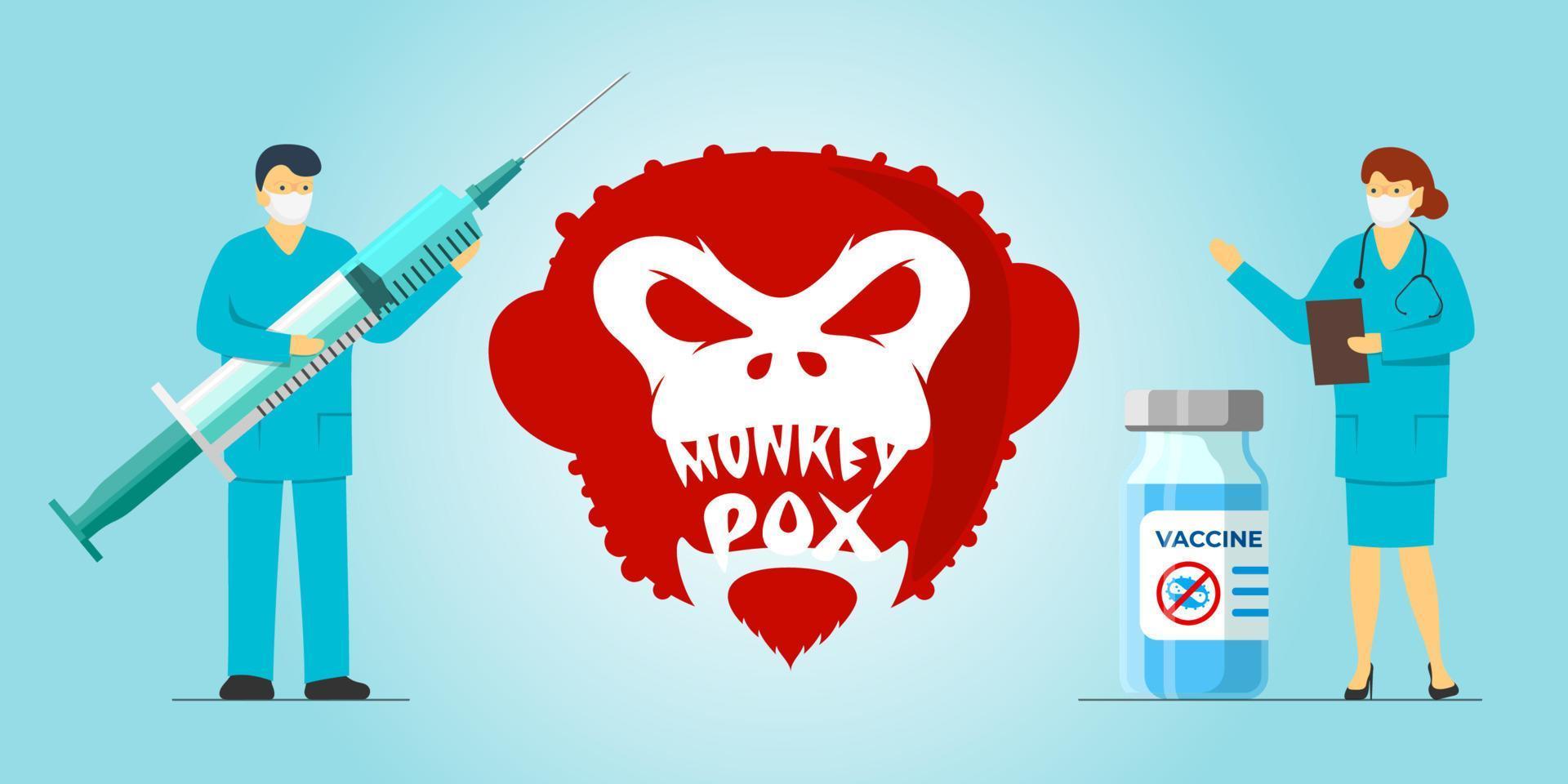 Monkeypox virus infection vaccination concept. Medical staff doctor with syringe and nurse with vaccine standing near monkey pox disease outbreak. MPV MPVX danger and public health epidemic risk. Eps vector