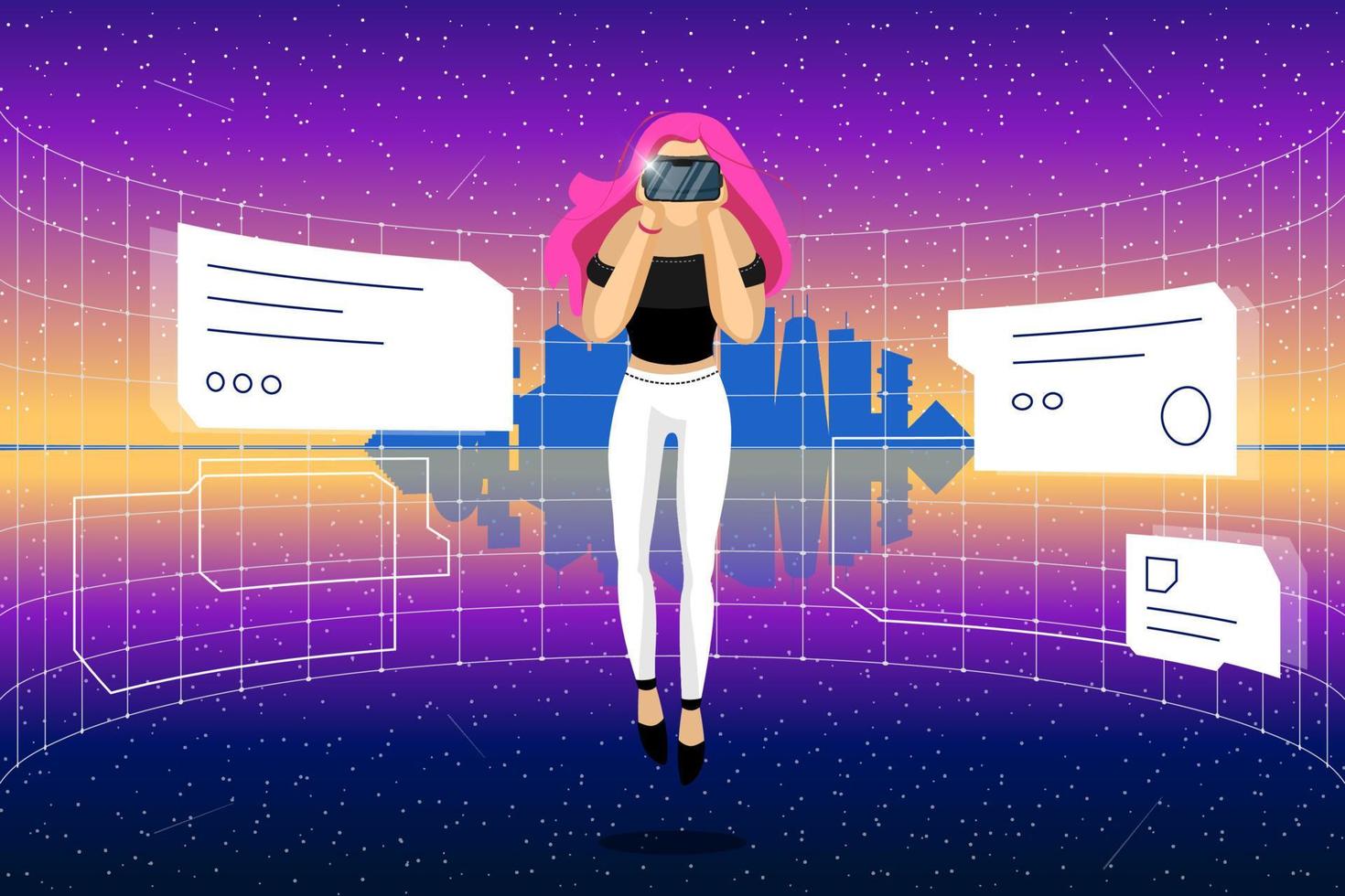 Young woman with VR helmet connecting to futuristic technology metaverse virtual reality with abstract cityscape on skyline. Girl in future interface 3d cyberpunk city landscape. Meta cyber space. Eps vector