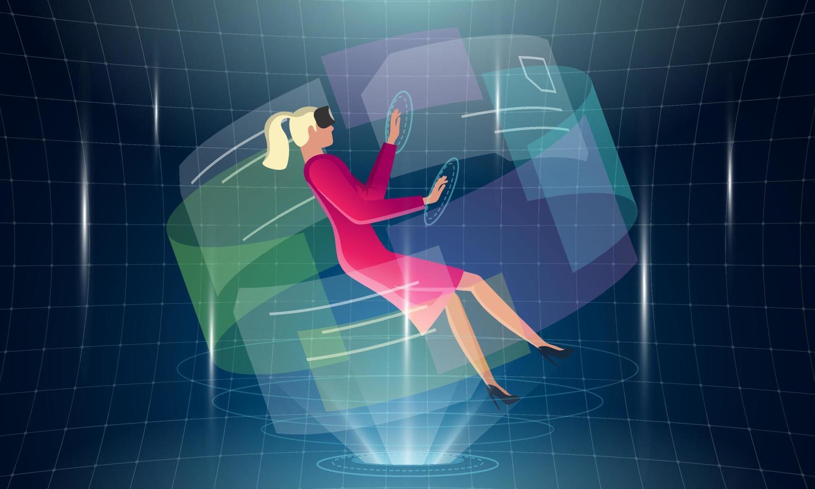 Businesswoman with VR helmet connecting to futuristic technology metaverse virtual reality. Woman surrounded future interface 3d hologram big data. Girl controls business with meta cyber space headset vector