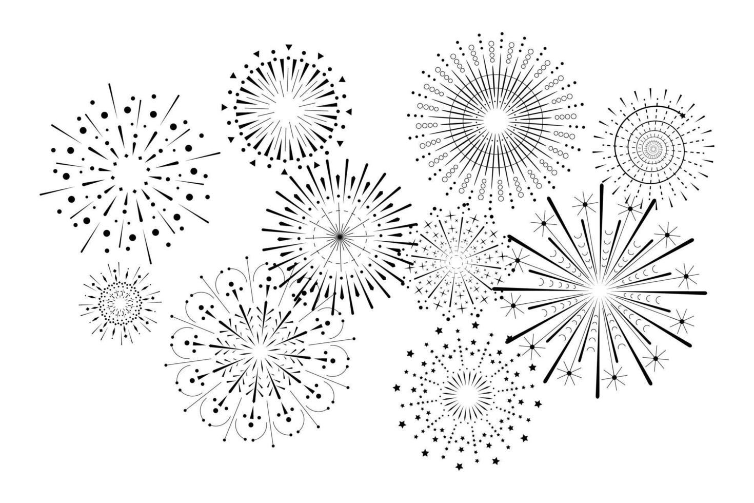 Firework sparkle ray set. Radiant abstract sunburst. Different shine sunrays or fireworks sparkles rays. Sunlight circle graphic design element. Multiple sun light burst options. Vector eps