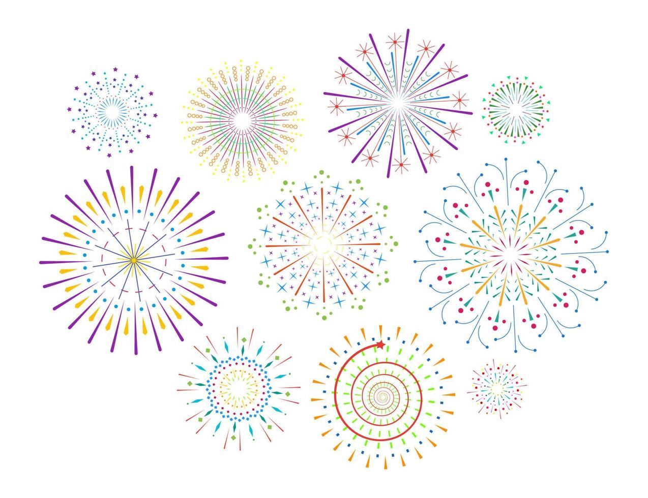 Firework sparkle ray set. Radiant abstract sunburst. Colorful different shine sunrays or fireworks sparkles rays. Sunlight circle graphic design element. Multiple sun light burst options. Vector eps