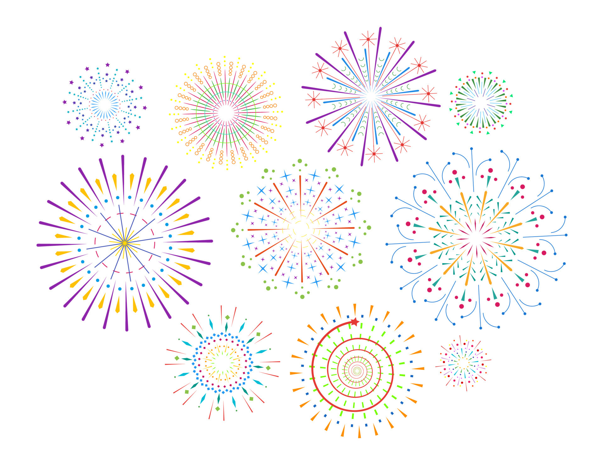 Firework sparkle ray set. Radiant abstract sunburst. Colorful different