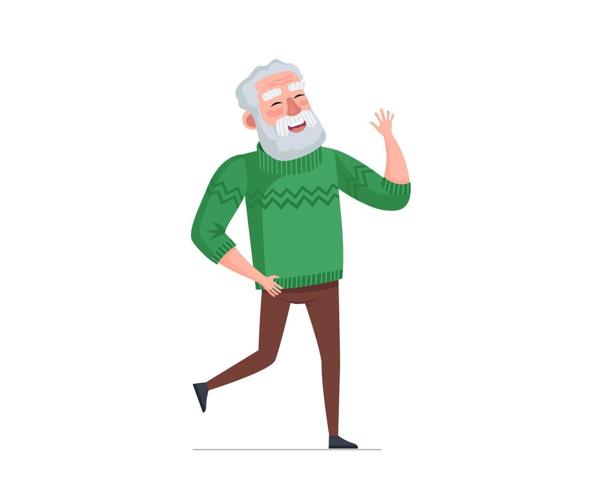 Older man fun dancing. Elderly male dancer. Old grandpa waving hands and legs. Retired granddad moving to music. Cheerful senior pensioner dance leisure and relaxing. Active modern grandfather vector