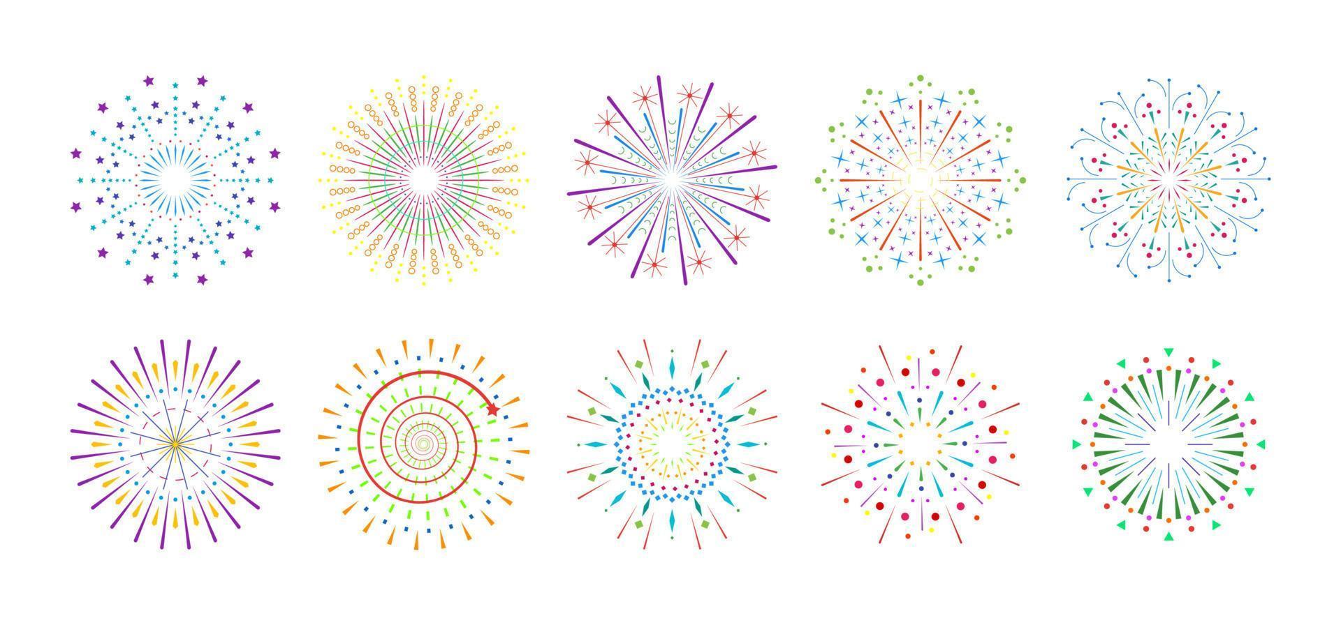 Firework sparkle ray set. Radiant sunburst abstract collection. Different shine sunrays or fireworks sparkles rays. Sunlight circle graphic design elements. Colorful multiple sun light burst options vector