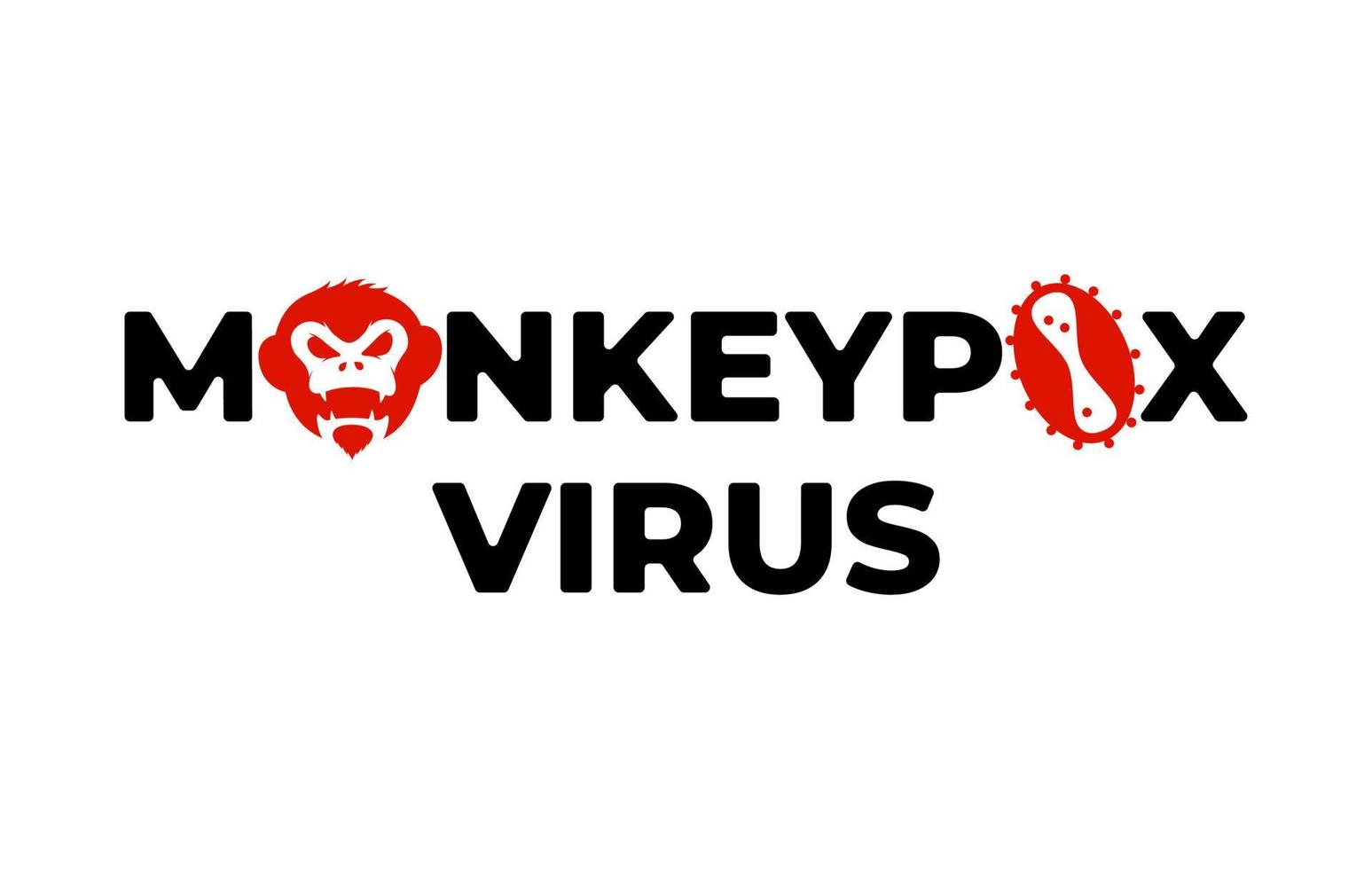 concepto de inscripción del virus de la viruela del mono. Letras de brote de enfermedad de viruela del mono con cabeza de primate e icono de infección. cartel médico de peligro y riesgo de epidemia de salud pública. mpv mpvx peligrosa pandemia. eps vector