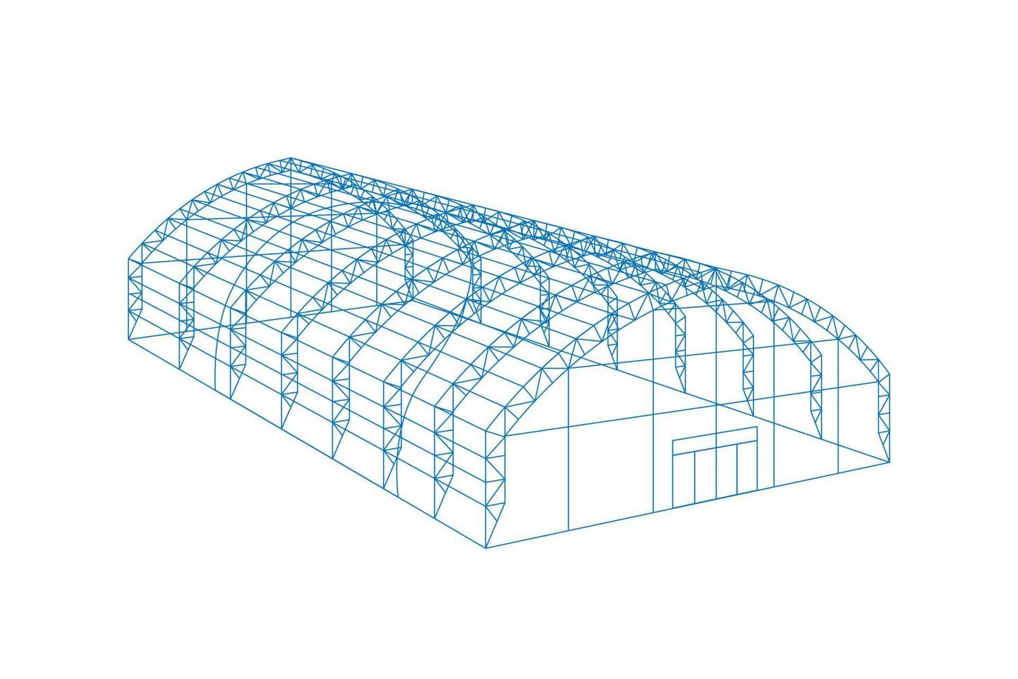 Temporary industrial 3d tent. Barn construction building wireframe. Awning tarpaulin warehouse hangar. Commercial exhibition tunnel hall. Factory production distribution or storage concept. Vector eps