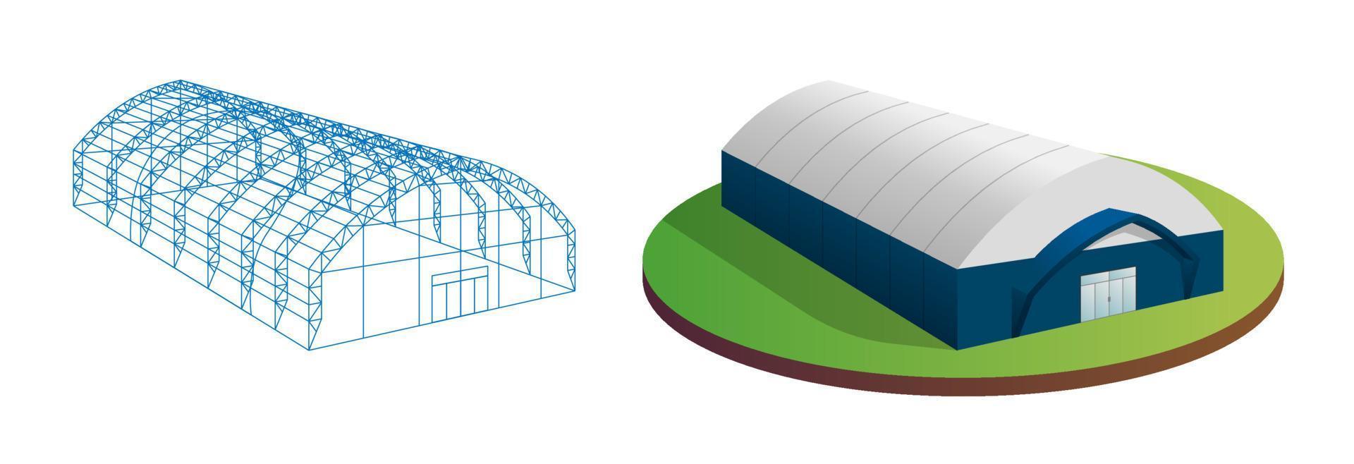 conjunto de estructuras metálicas de construcción de carpas y graneros industriales temporales en 3d. almacén de lonas para toldos hangar. sala de túnel de exhibición comercial. distribución de producción en fábrica o concepto de almacenamiento. eps vector