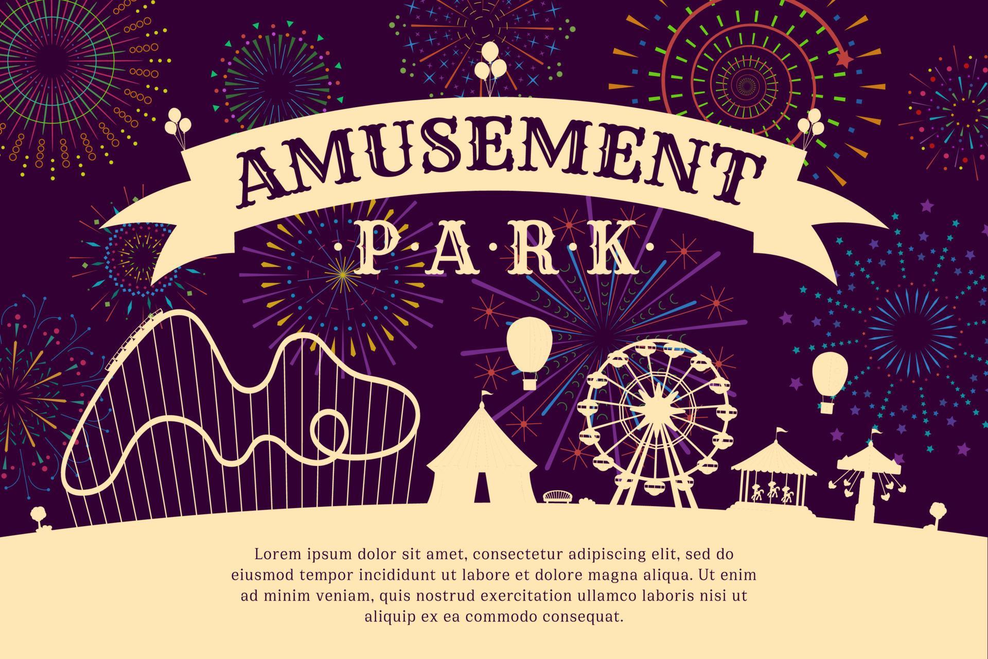 Amusement park poster with firework on night sky. Carnival funfair with