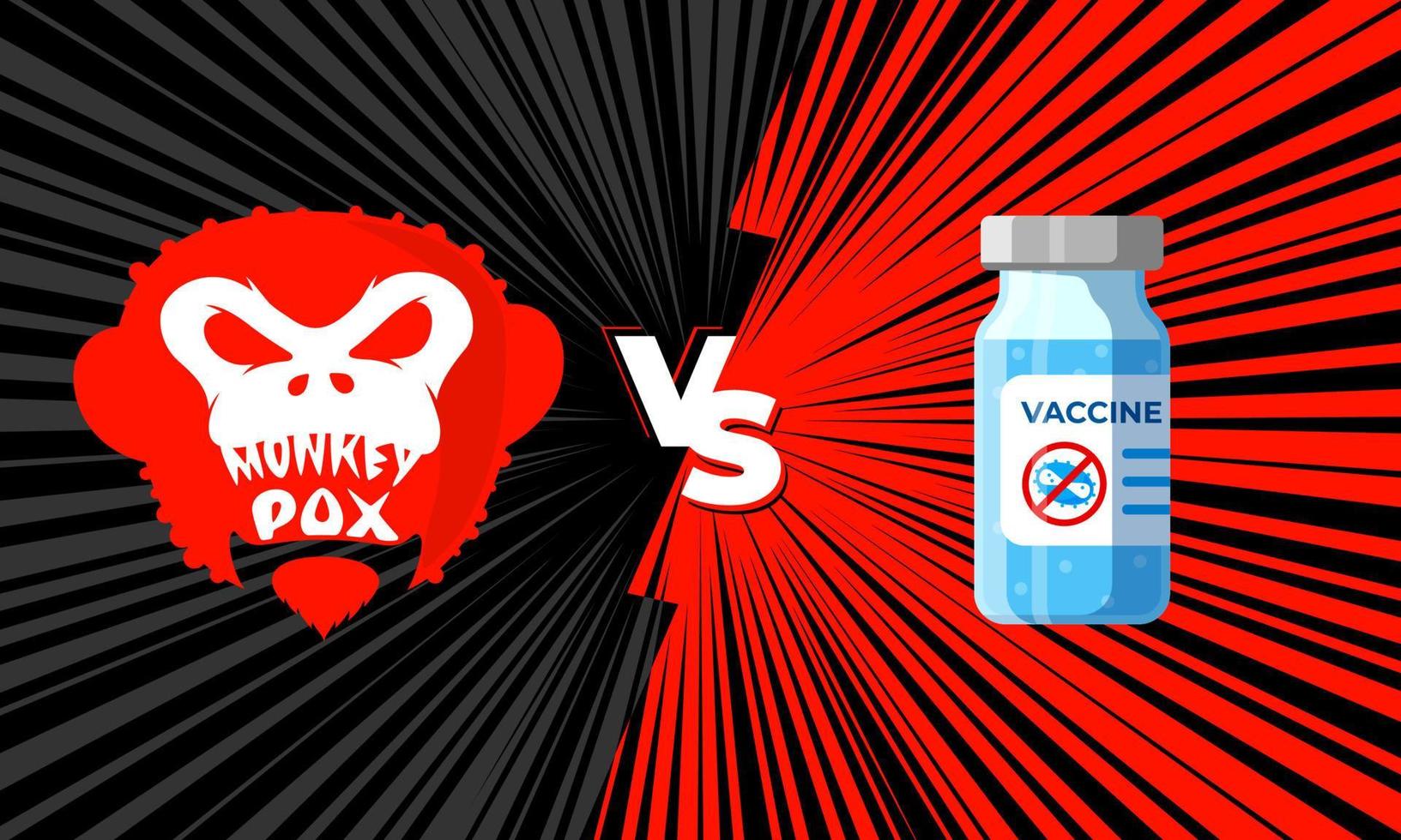 New pandemic monkeypox virus versus vaccination. Battle of medical vaccine vs monkey pox disease outbreak infection. MPV MPVX smallpox danger and public health immunization. Vector eps concept banner