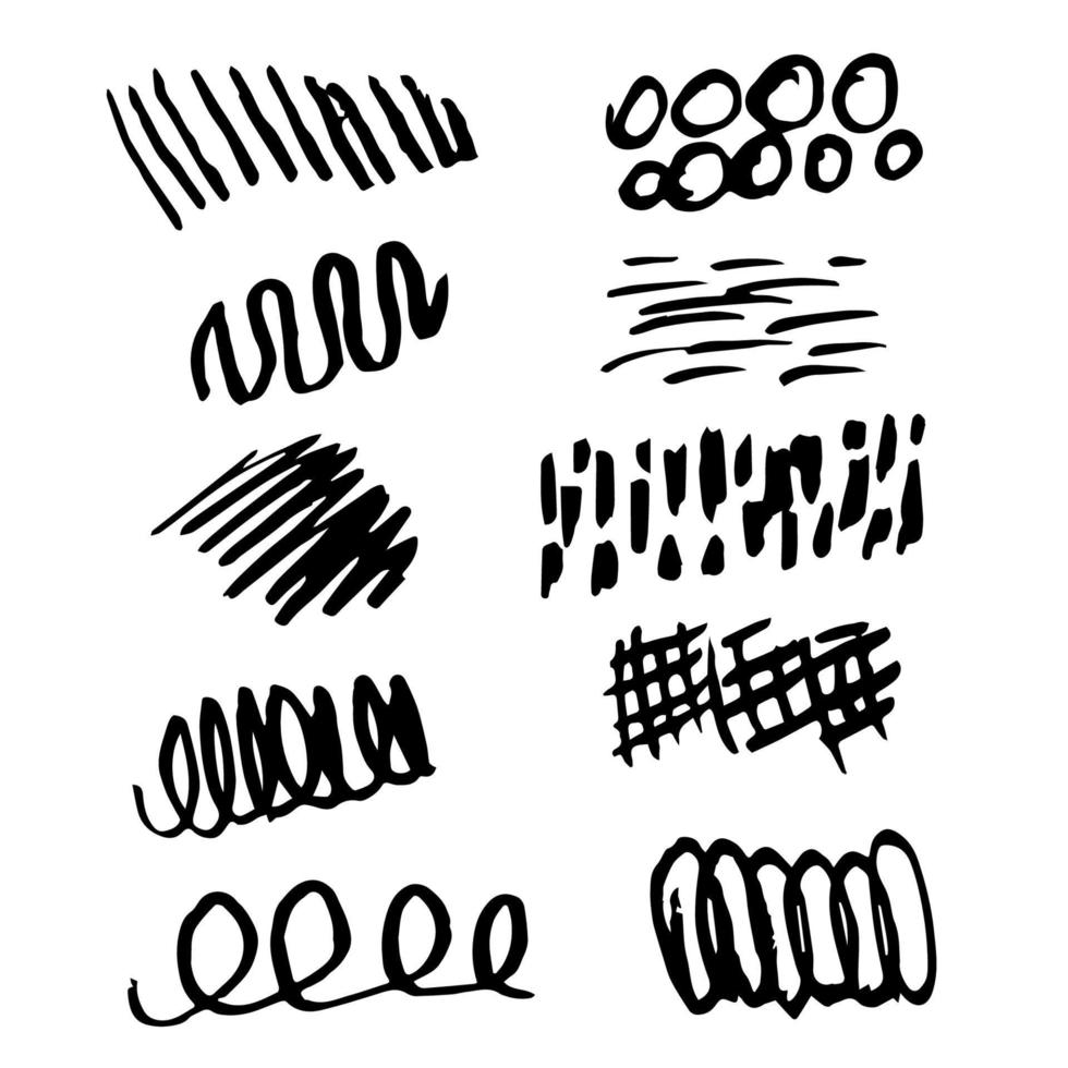 Hand-drawn simple vector set. Sketch, doodle, curls, zigzag, strokes, stripes for creating patterns, design. Black outline on a white background.