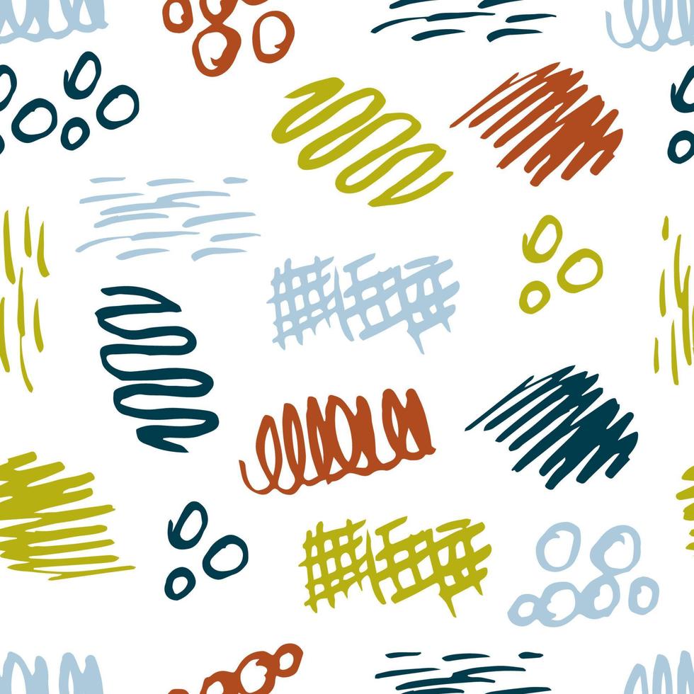 Hand drawn abstract vector seamless pattern. Blue-green dots, spots, scribbles, doodles, brown strokes on a white background. For prints of fabric, textiles, packaging.