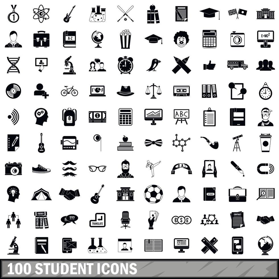 100 student icons set, simple style vector