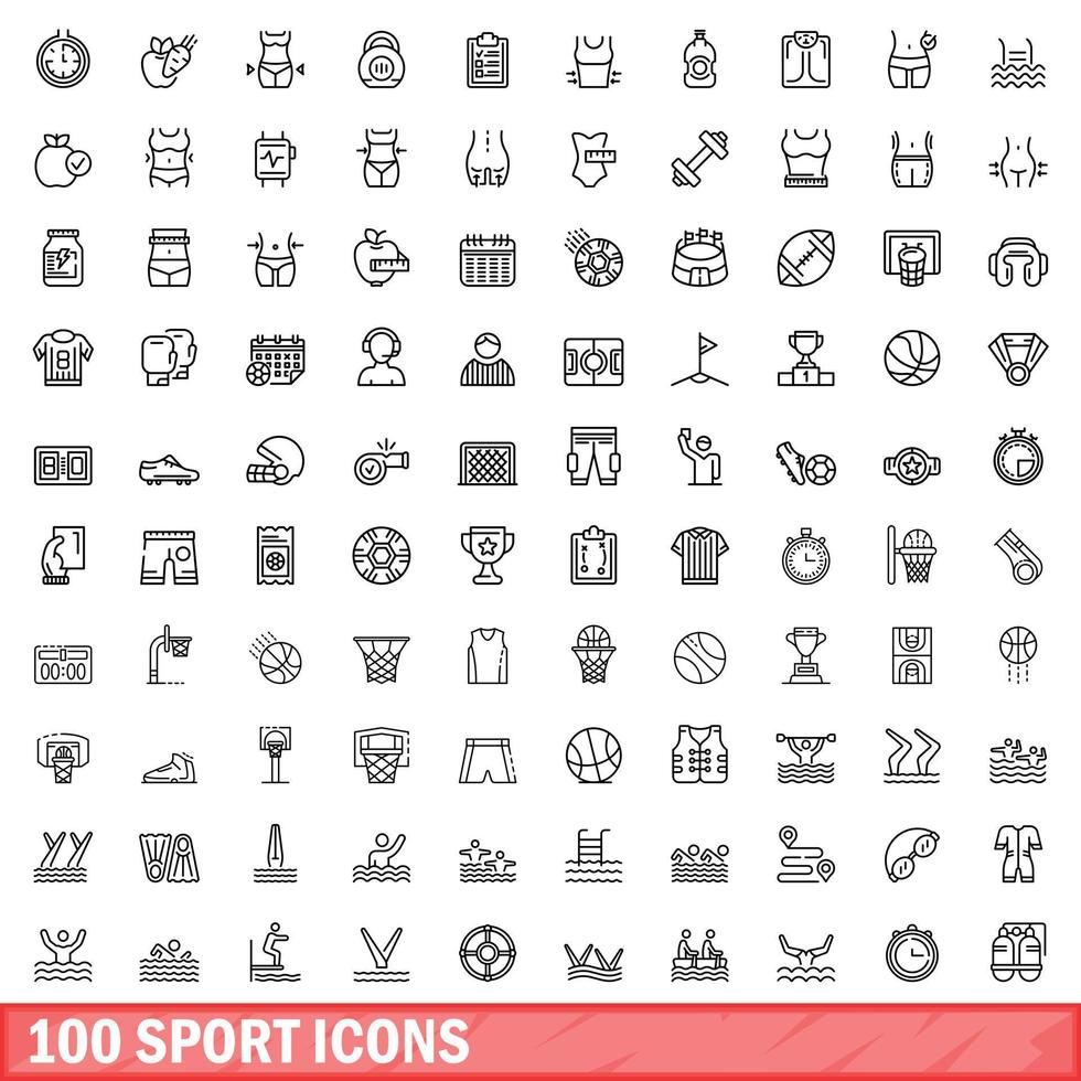 100 sport icons set, outline style vector