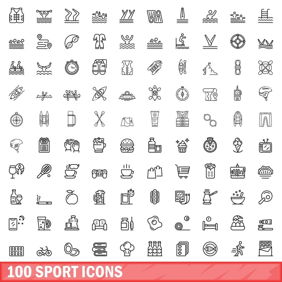 100 iconos deportivos, estilo de esquema vector