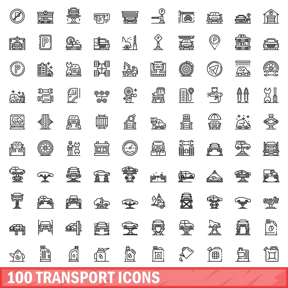 100 transport icons set, outline style vector